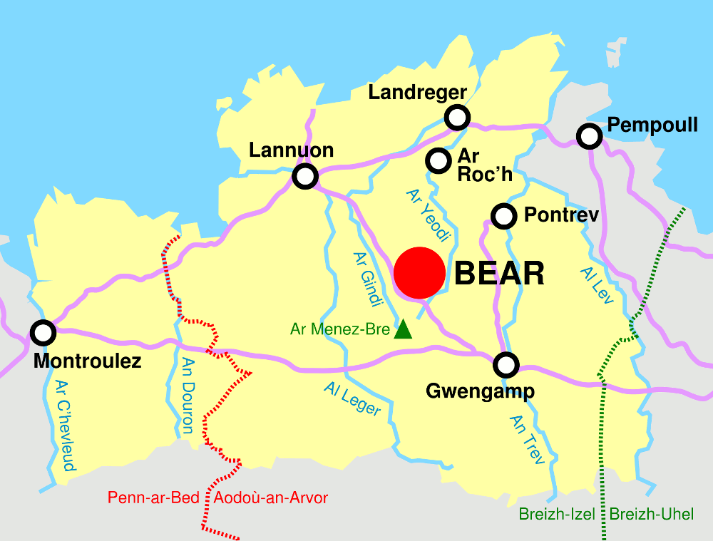 Kartenn deus Bro-Dreger hag a diskouez pelec'h emañ Bear